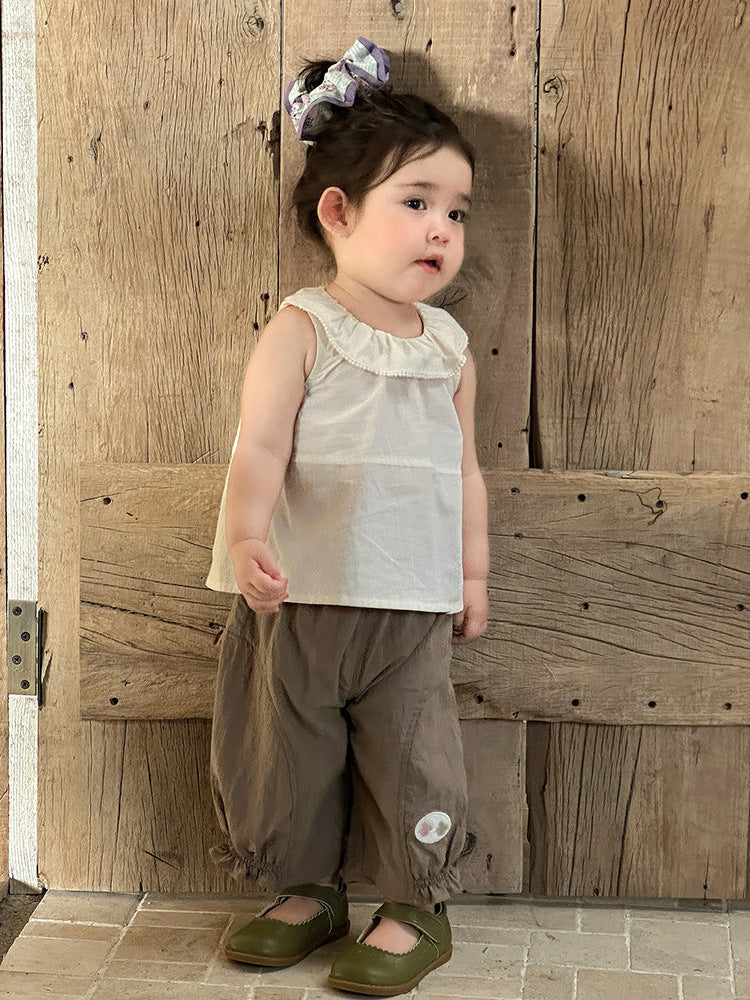 Collar Solid Color Sleeveless Outer Wear Children's T-shirt