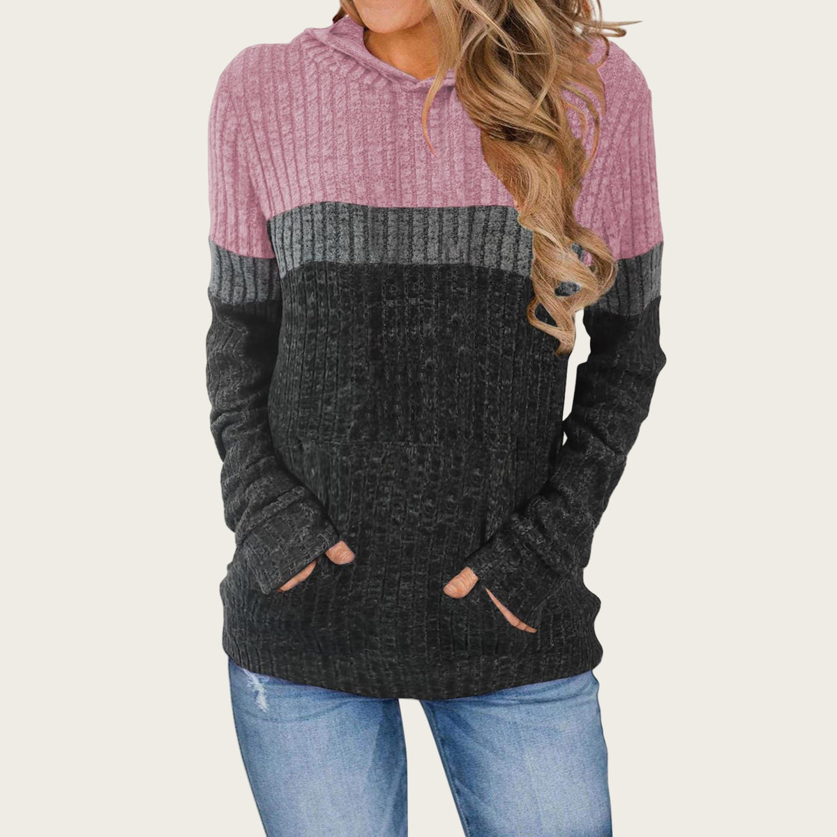 Women's Casual Contrast Color Pocket Stitching Hooded Large Size T-shirt