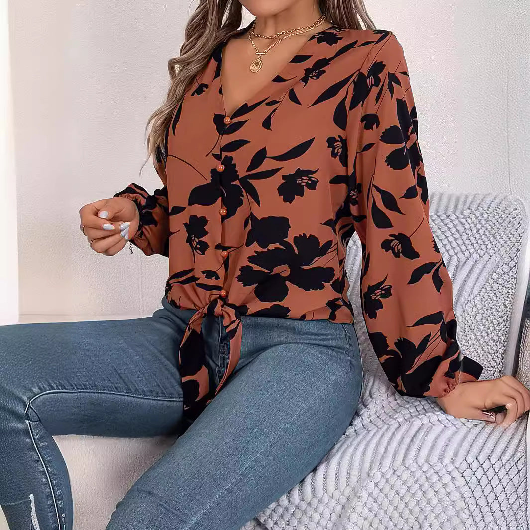 Women's Casual Contrast Color Flower Lantern Sleeve Lace Shirt, Chiffon Shirt