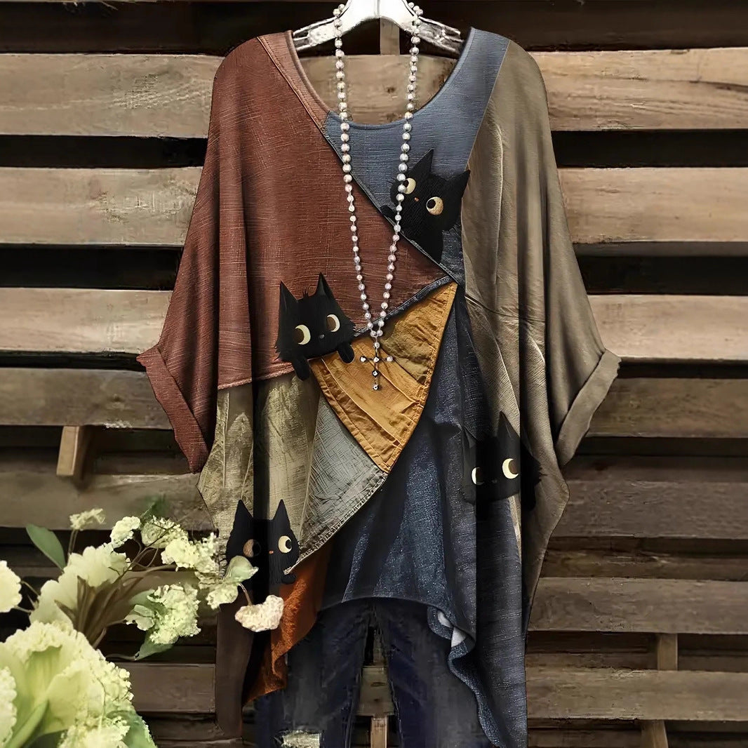 Women's Extra Cartoon Printed Round Neck Summer Large Size T-shirt