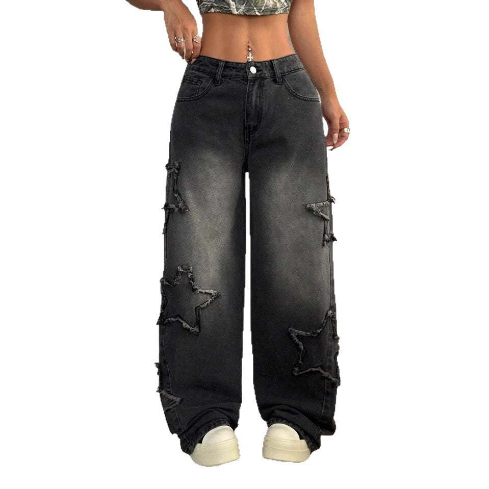 Women's High Street Fashion Fried Pentagram Embroidered Elastic Waist Loose Jeans