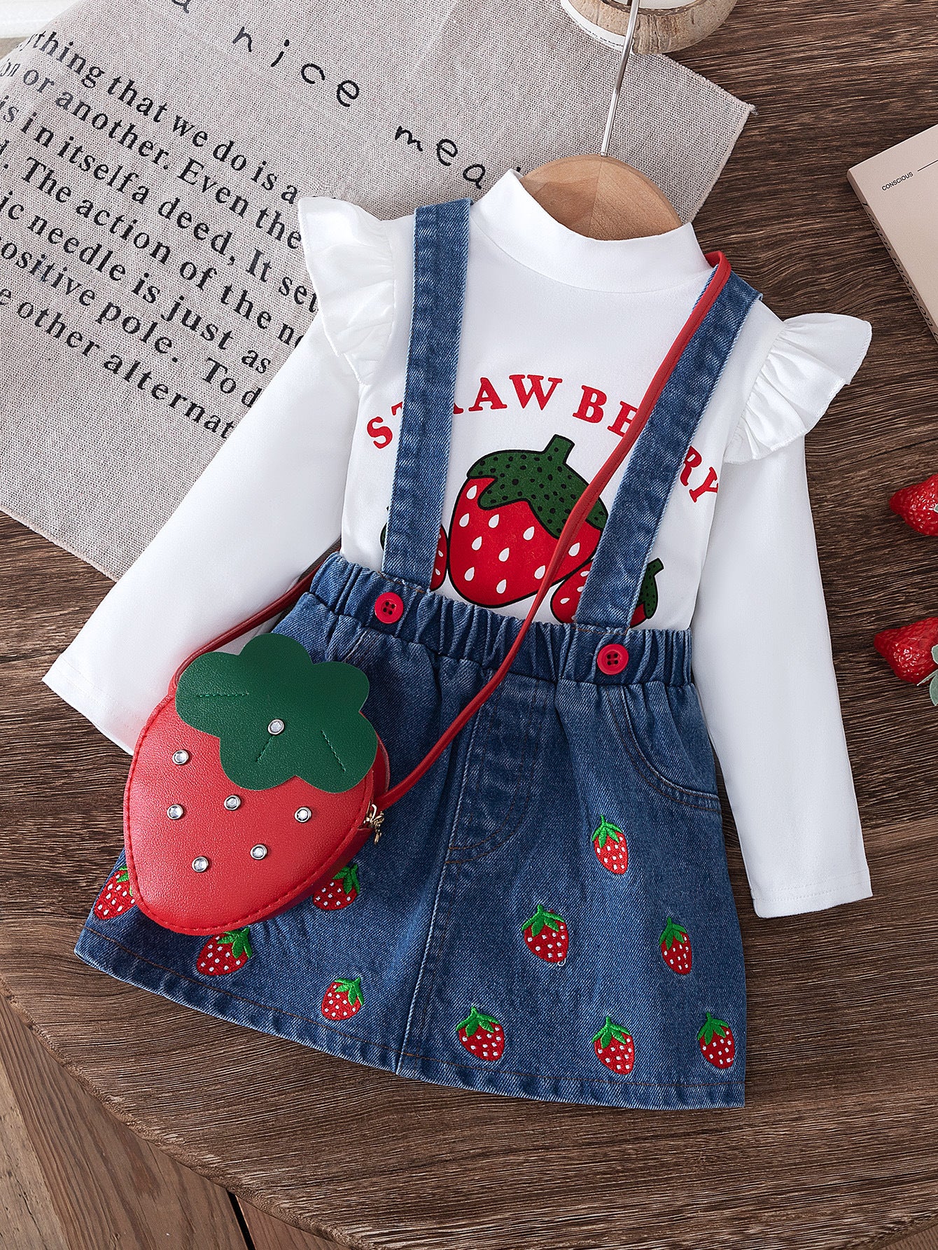 Flounced Sleeve Printed Top Strap Embroidered Denim Skirt With Children's Suit