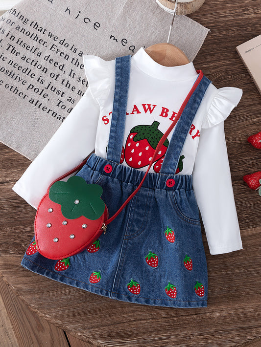 Flounced Sleeve Printed Top Strap Embroidered Denim Skirt With Children's Suit