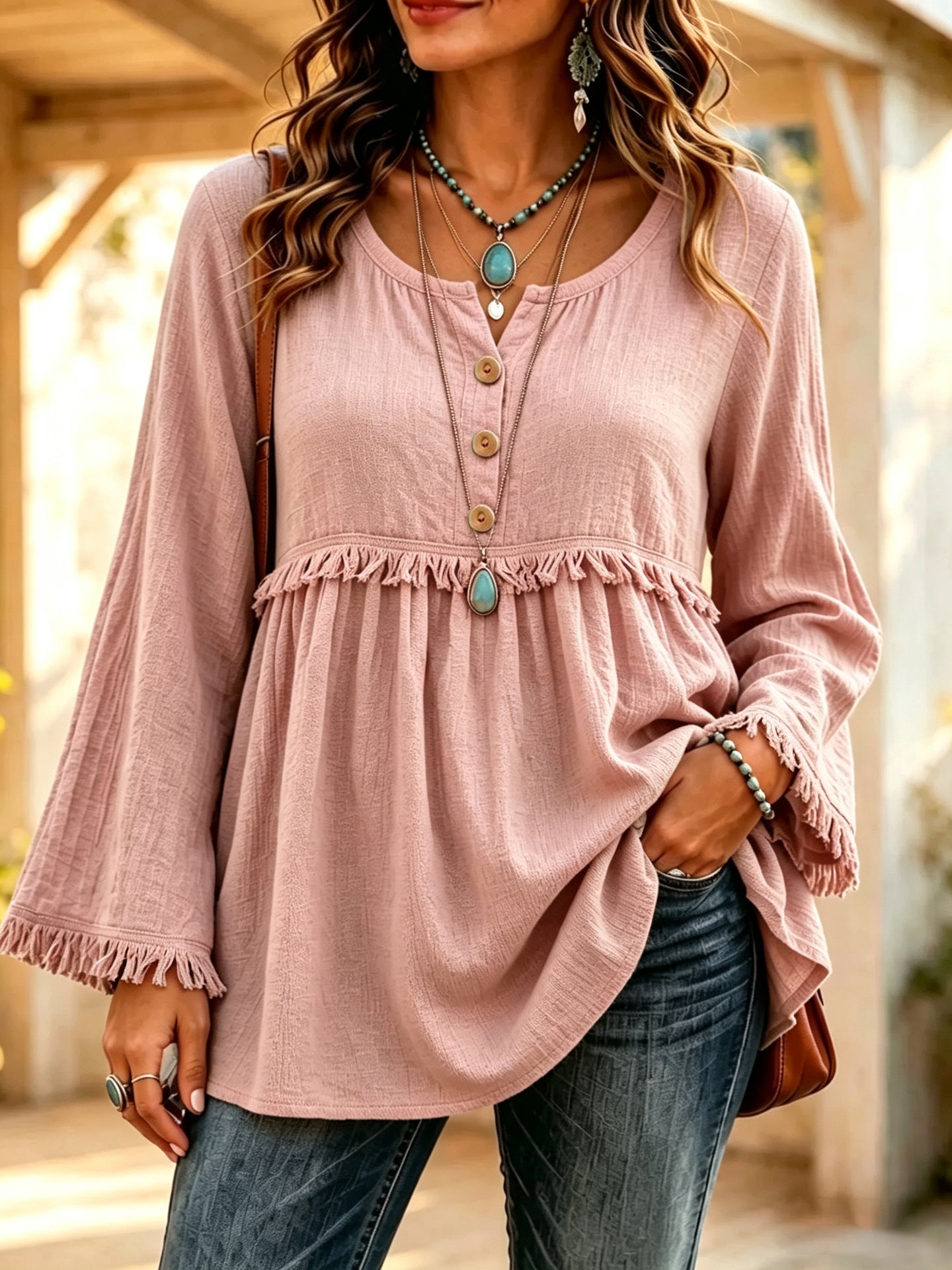 Women's Casual Loose Button Fashion Tassel Solid Color Tops