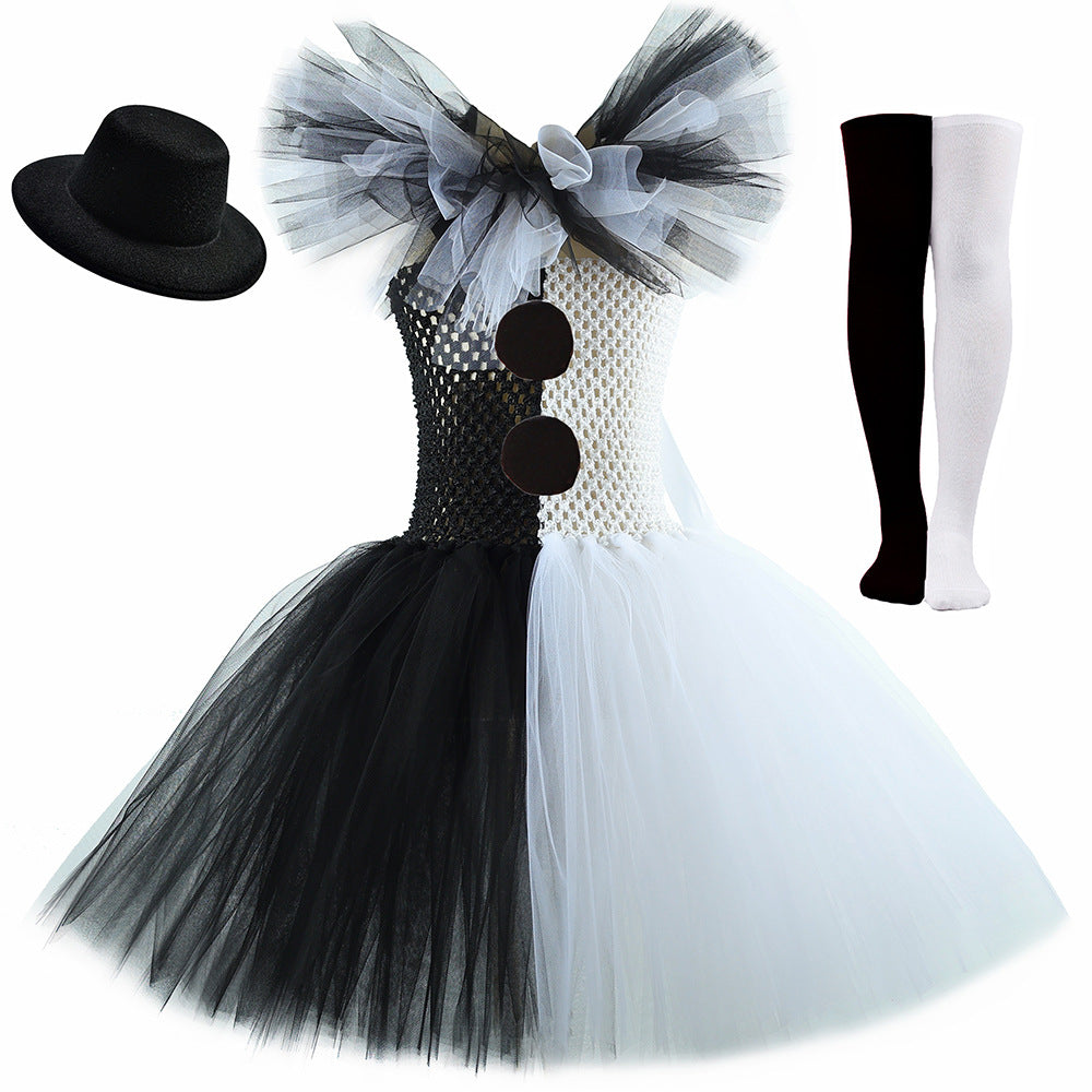 Children's Halloween Black White Clown Mesh Bubble Skirt Autumn Performance Children's Dress