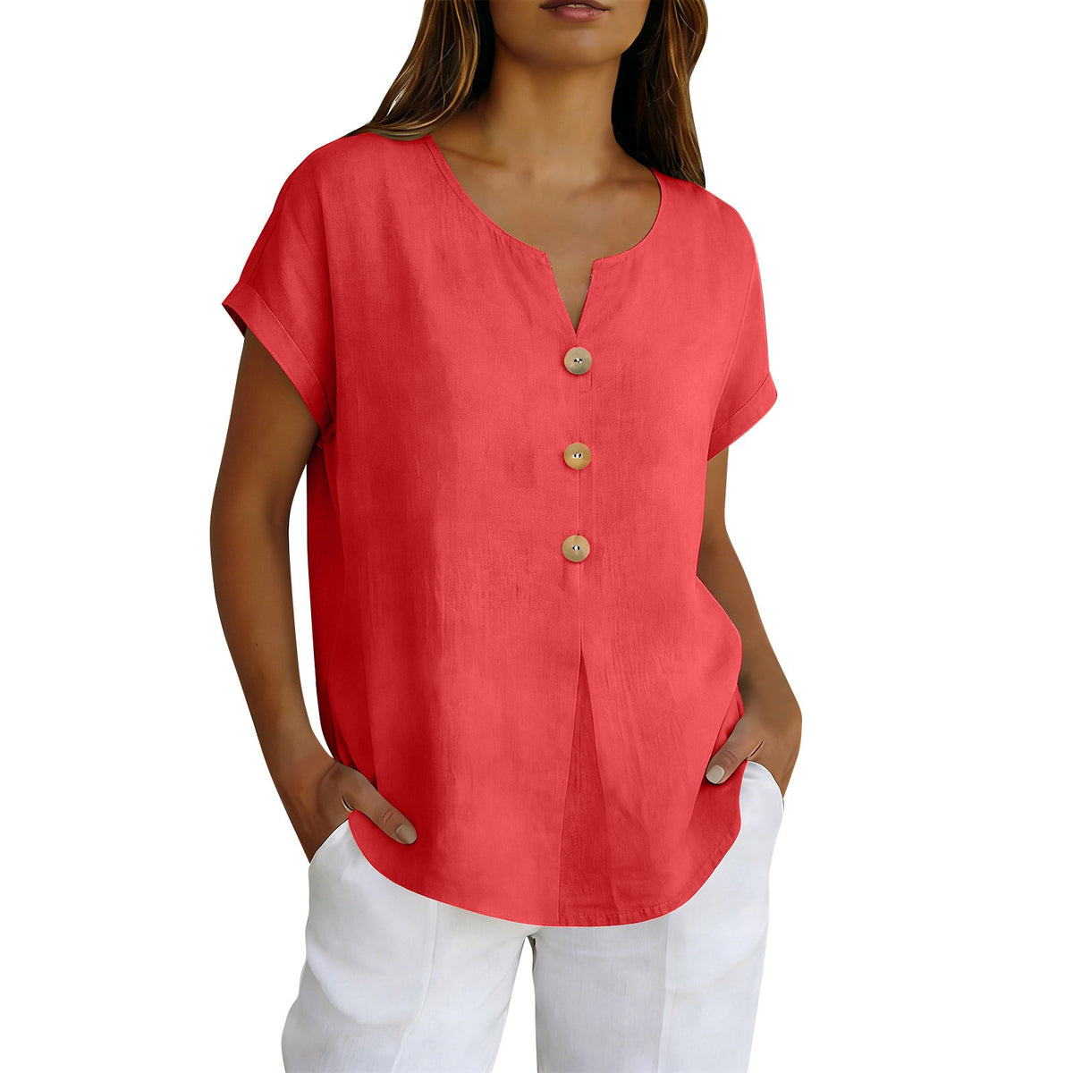 Women's Summer Solid Color Fashion Sleeve Button Cotton Linen Women's T-shirt