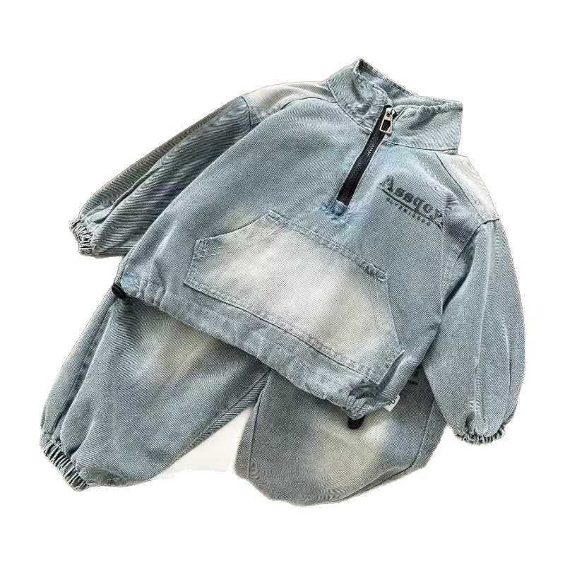 Children's Autumn Half Zipper Denim Hoodie Leisure Children's Suit