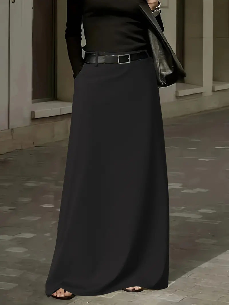 Women's Elegant Style High Waist Solid Color Pocket Large Swing Skirt