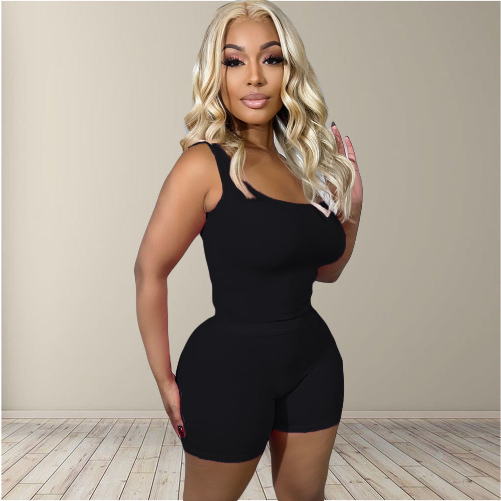 Women's Solid Color Rib Fabric Sports Two-piece Fashion Casual Suit