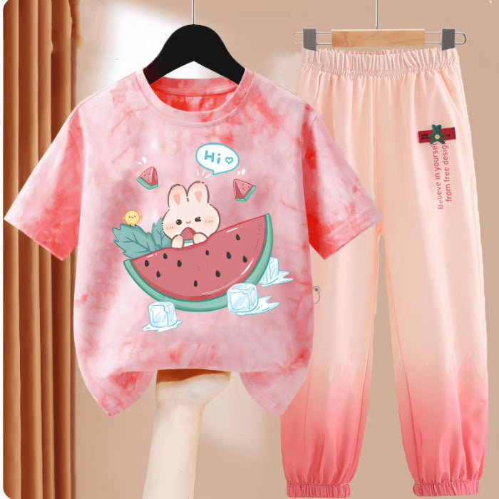 Clothes T-shirt Medium Large Short Sleeved Ice Silk Trousers Two-piece Children's Suit