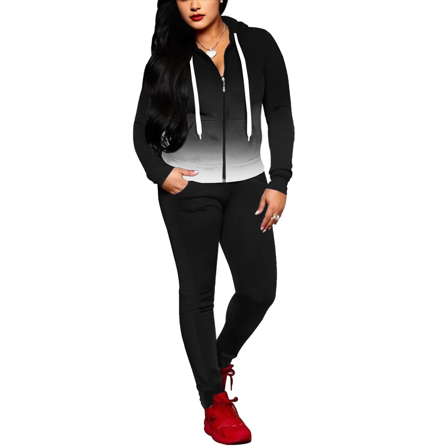 Women's Round Neck Zipper With Trousers Two-piece Set Suits