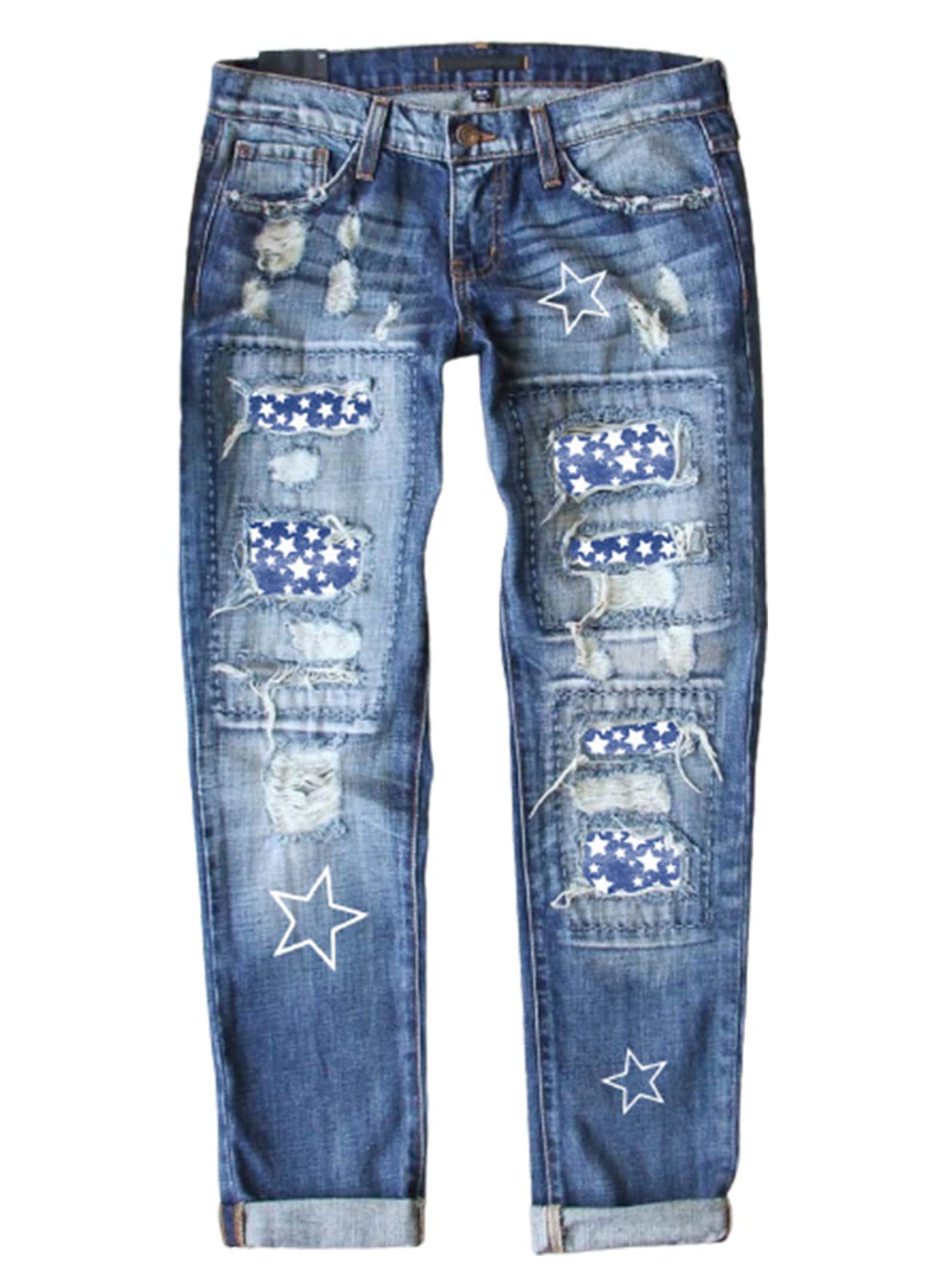 Women's Fashion Holes Printed Patch Straight Jeans