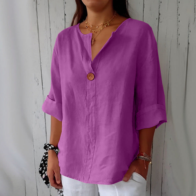 Women's Summer Loose T-shirt Cotton Linen Button Tops