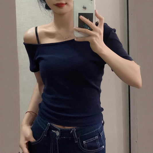 Simple Pure Style Elegant Sexy Hot Exposed Shoulder Sleeve Women's T-shirt