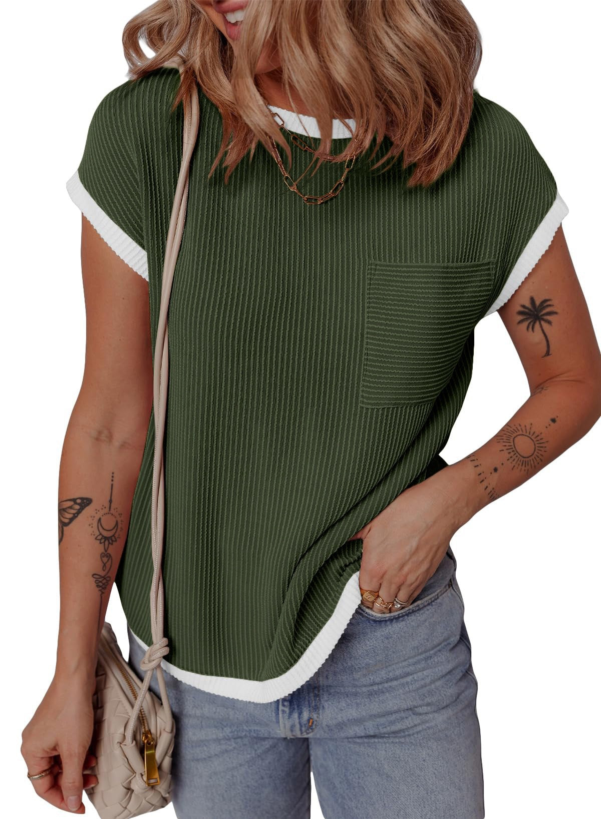 Women's Round Neck Knitted In Contrast Color Casual Twist Women's T-shirt