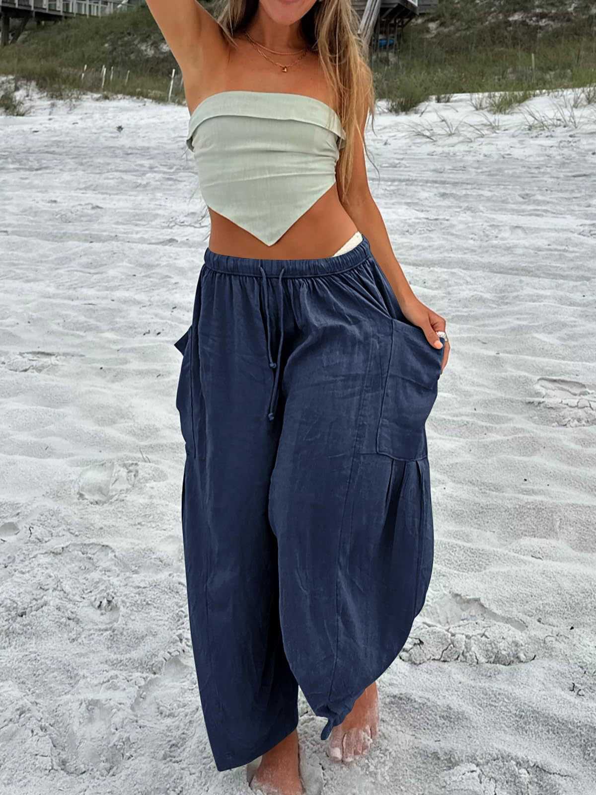 Women's Stripes Elastic Waist Cropped Pleated Breathable Contraction Pants