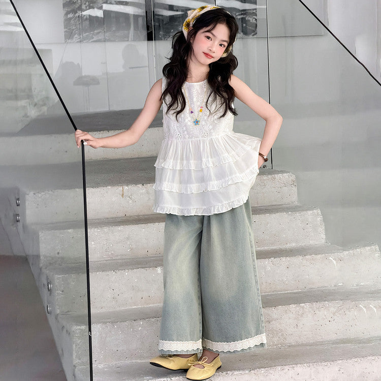 Blouse Jeans Summer Middle Big Shirt Top Wide Children's Suit