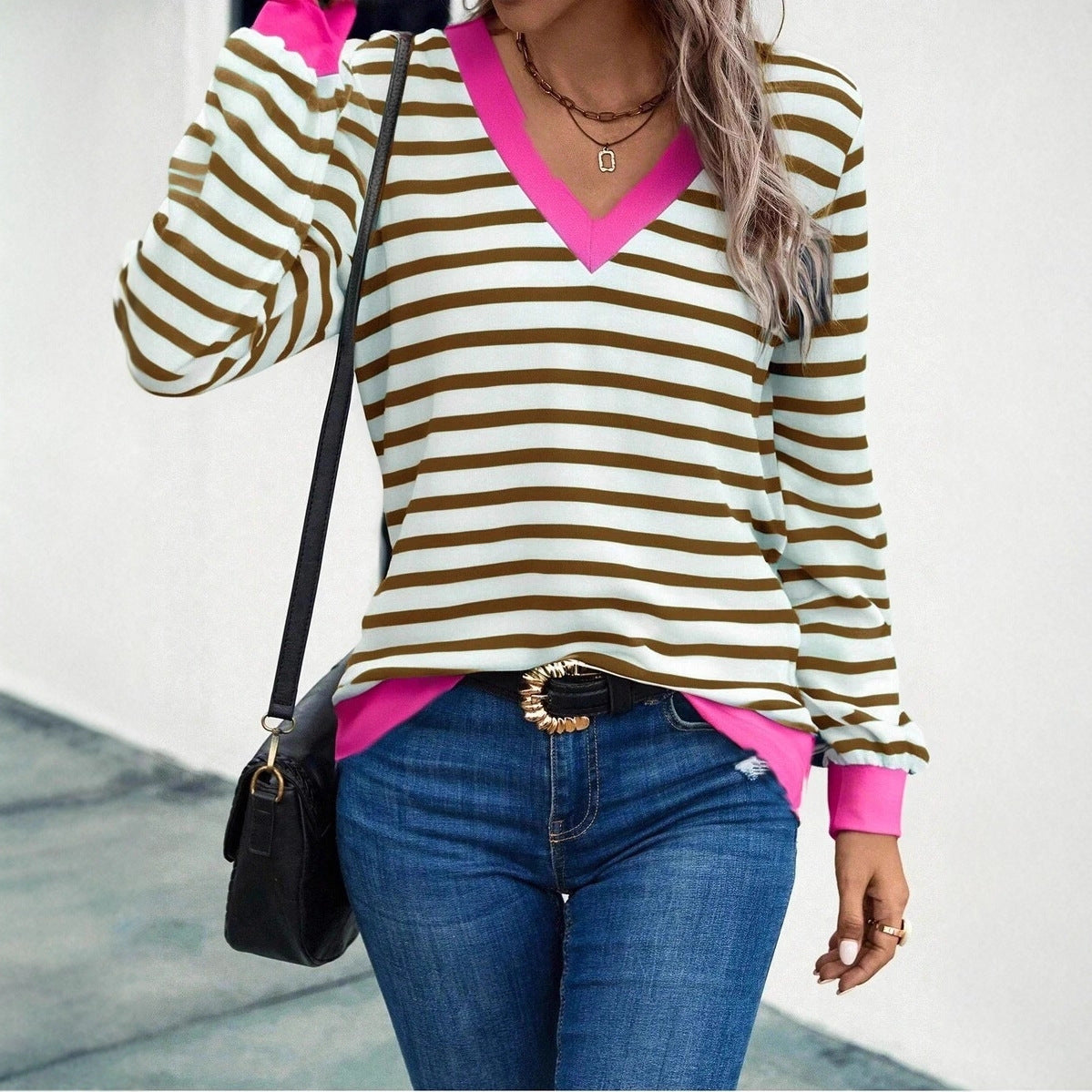 Women's Casual Striped V Neck Pullover Long Women's T-shirt