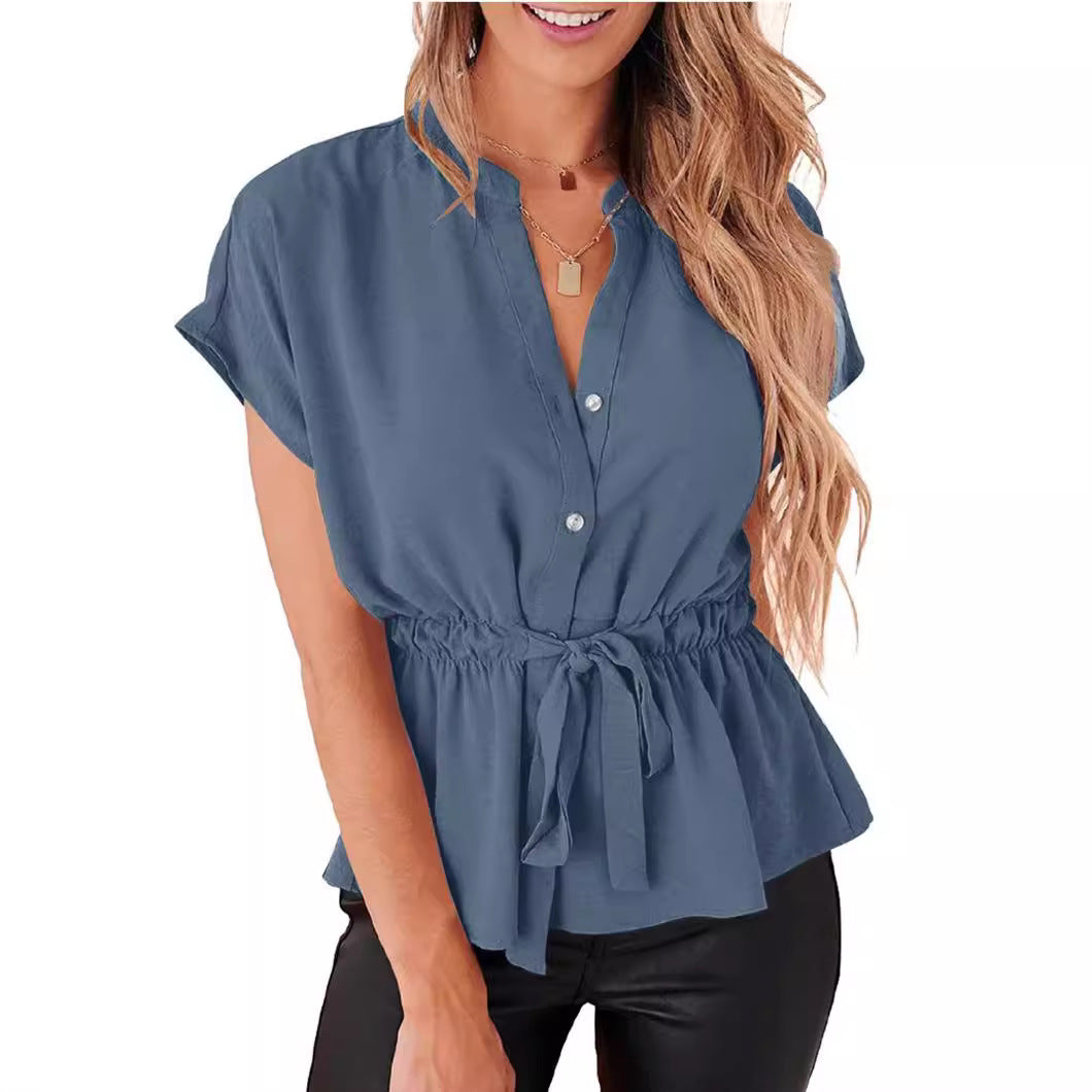 Women's Collar Pleating Lacing Chiffon Batwing Sleeve Blouse