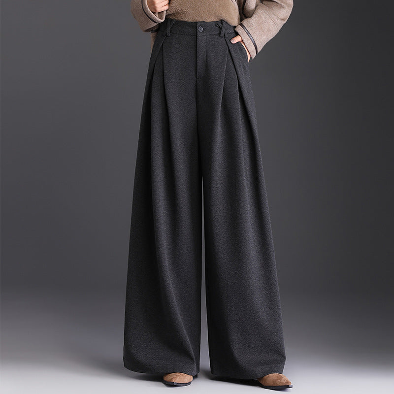 Women's Woolen High Waist Commuter Loose Cover Wide Leg Draping Casual Pants