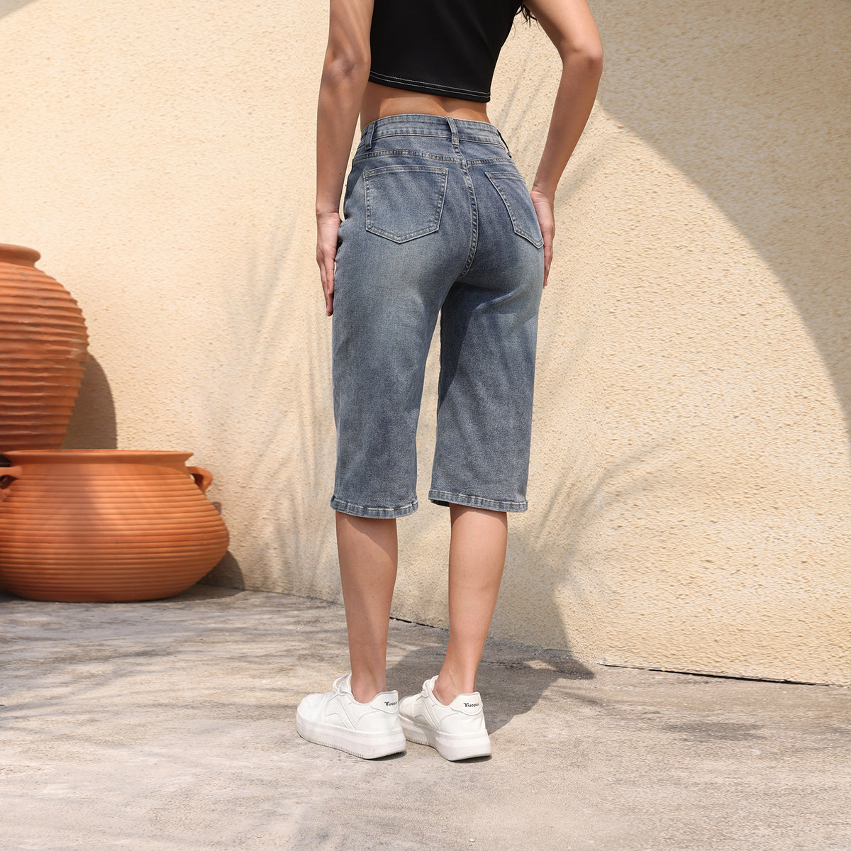 Women's Mid-length Breathable Knee Length Elastic High Waist Tide Stretch Women's Jeans