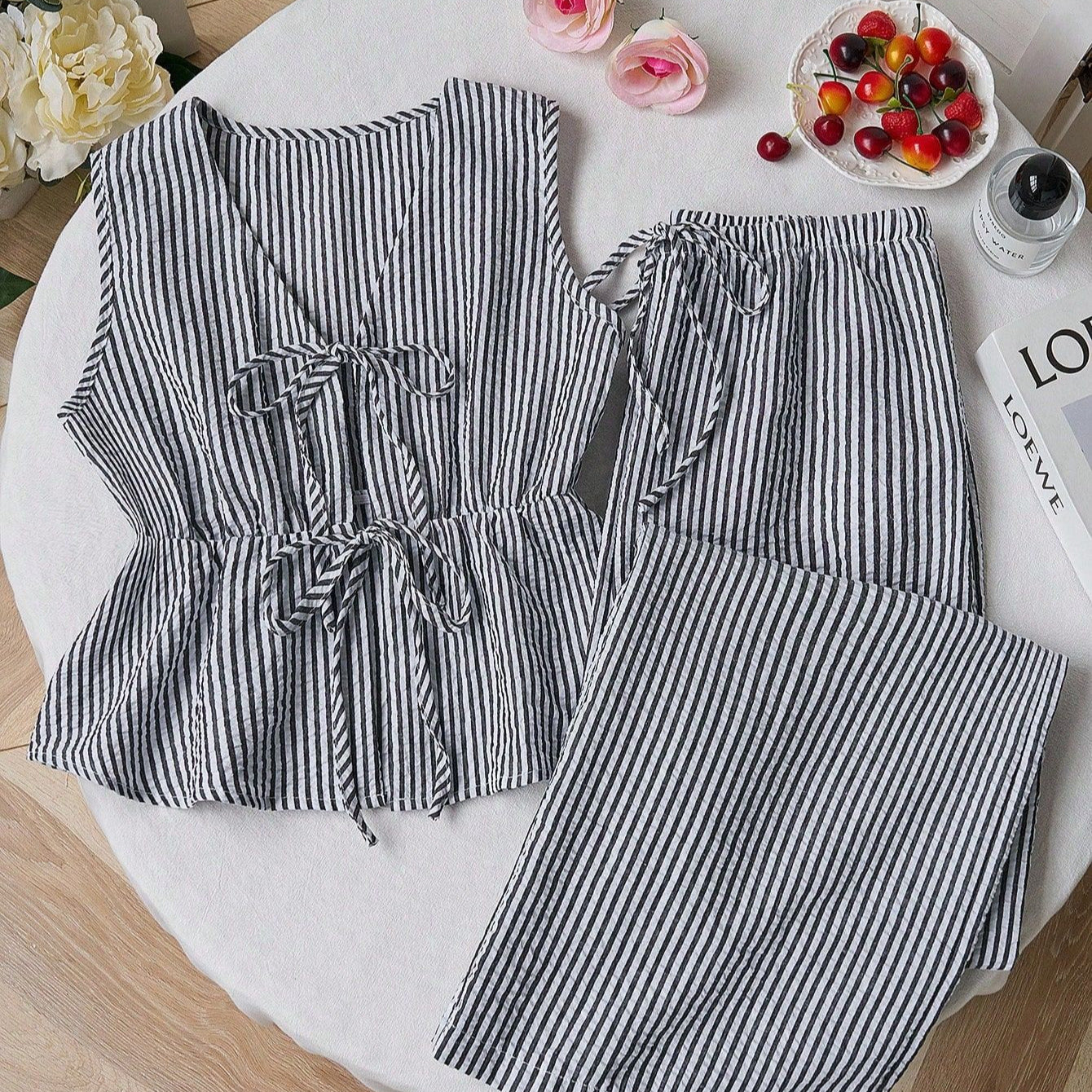 Color Striped Lace Up Wild Loose Trousers Fashion Casual Suit