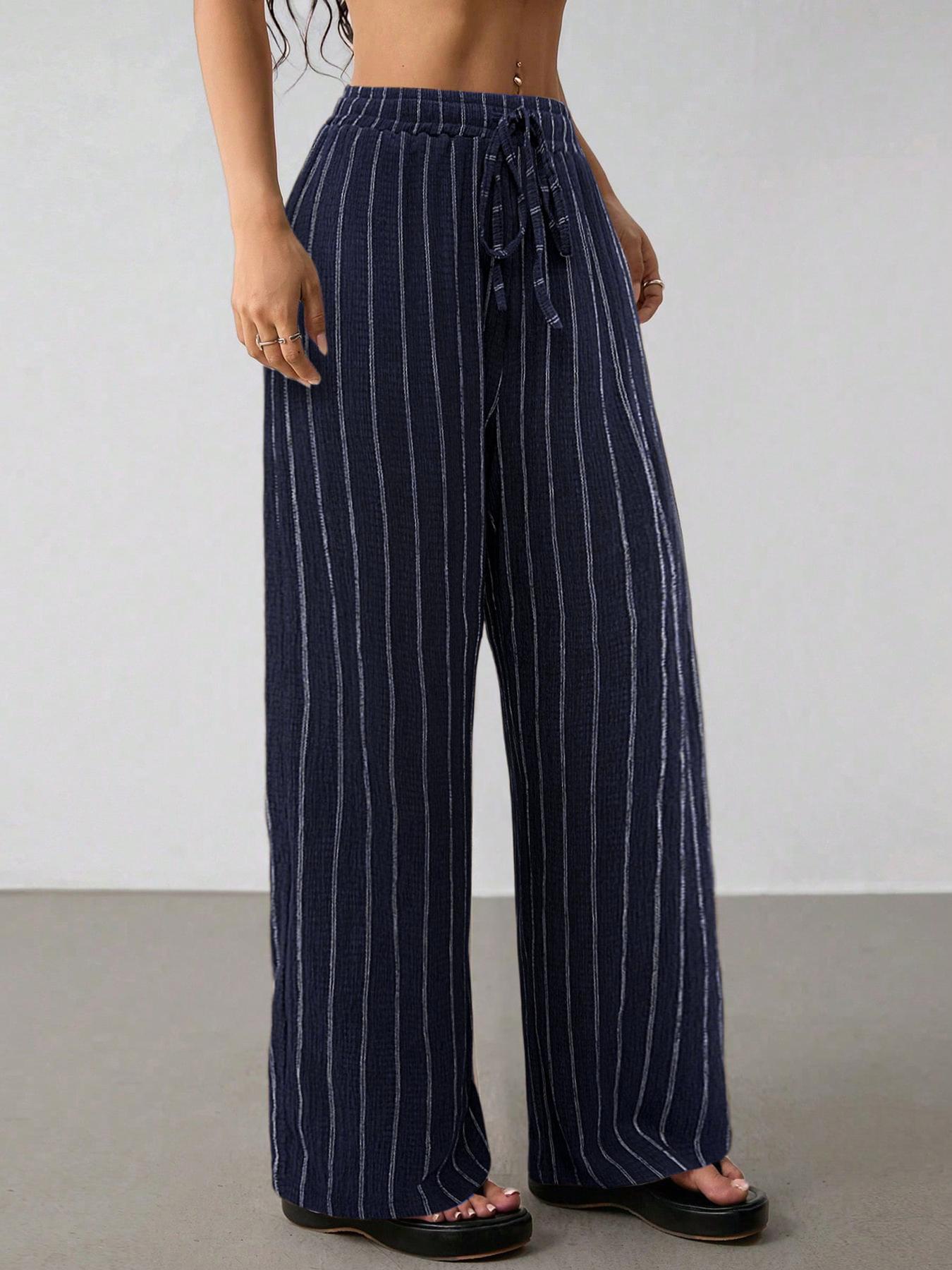 Women's Loose Striped Drawstring Elastic Waist Contrast Color Wide Leg Casual Pants