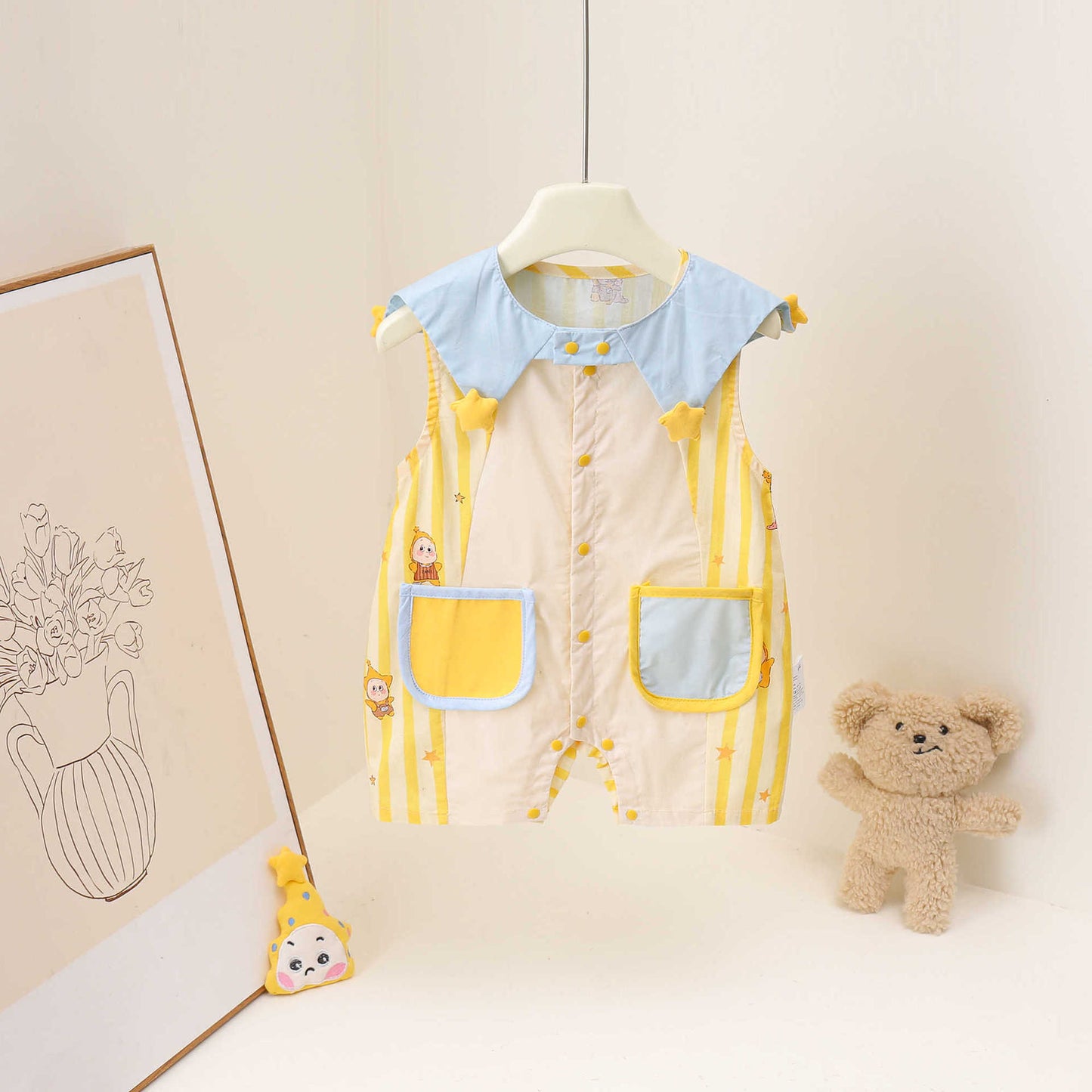Cute Style Boy Cartoon Star Dream Blue Pocket Doll Short Jumpsuit, Climbing Suit