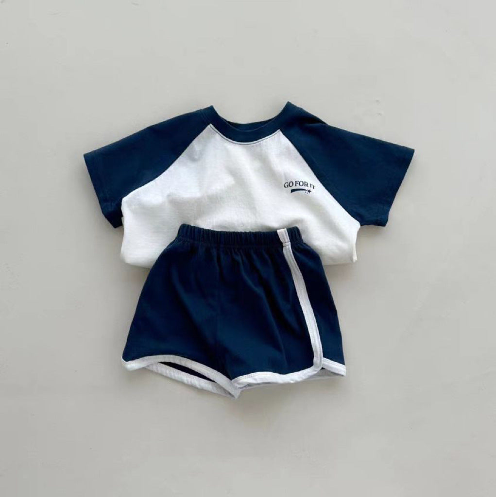Stitching Sleeves Boy Versatile Fashion T-shirt Shorts English Letters Meteor Children's Suit