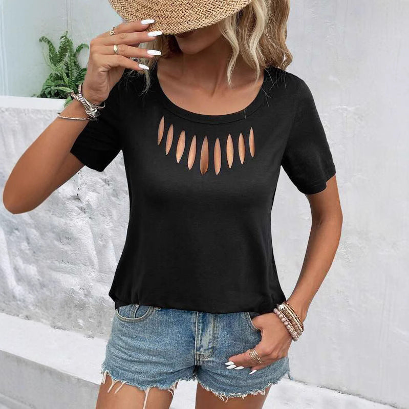 Women's Solid Color Casual Fashion Chest Hollow Women's T-shirt