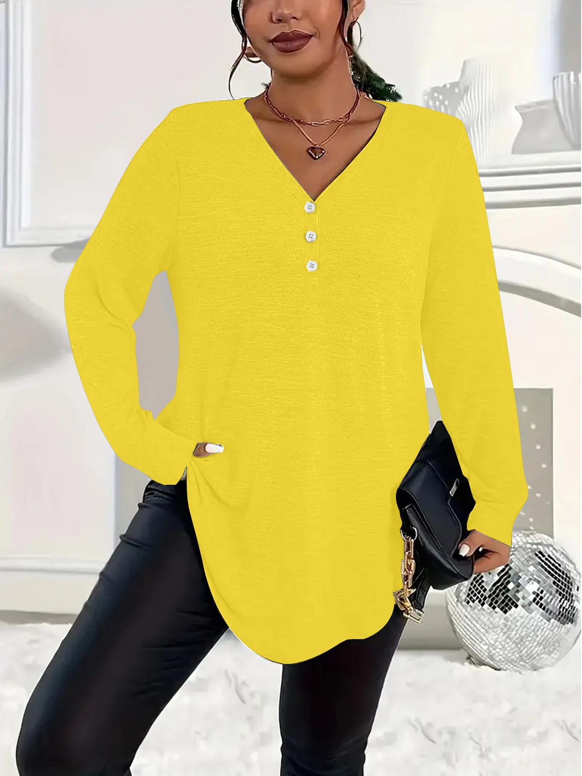 Women's Clothes Buttons Solid Color Long-sleeved Tops