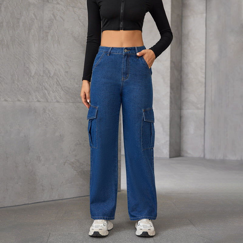 Women's Cargo Washed Loose Design High Waist Slimming Hip Hop Fashionable Jeans