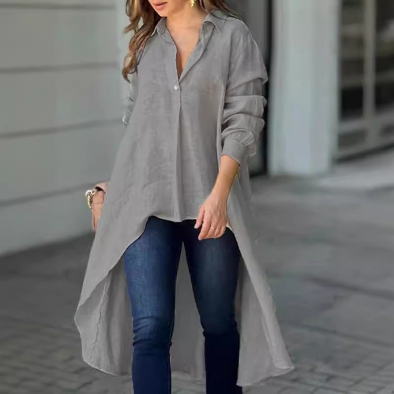 Women's Long Sleeve Fashion Solid Color Loose Lapels Blouse