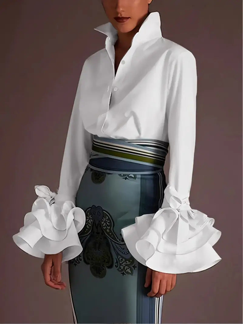 Women's Spring Fashionable Ruffle Cuff Lace Up Casual Blouse