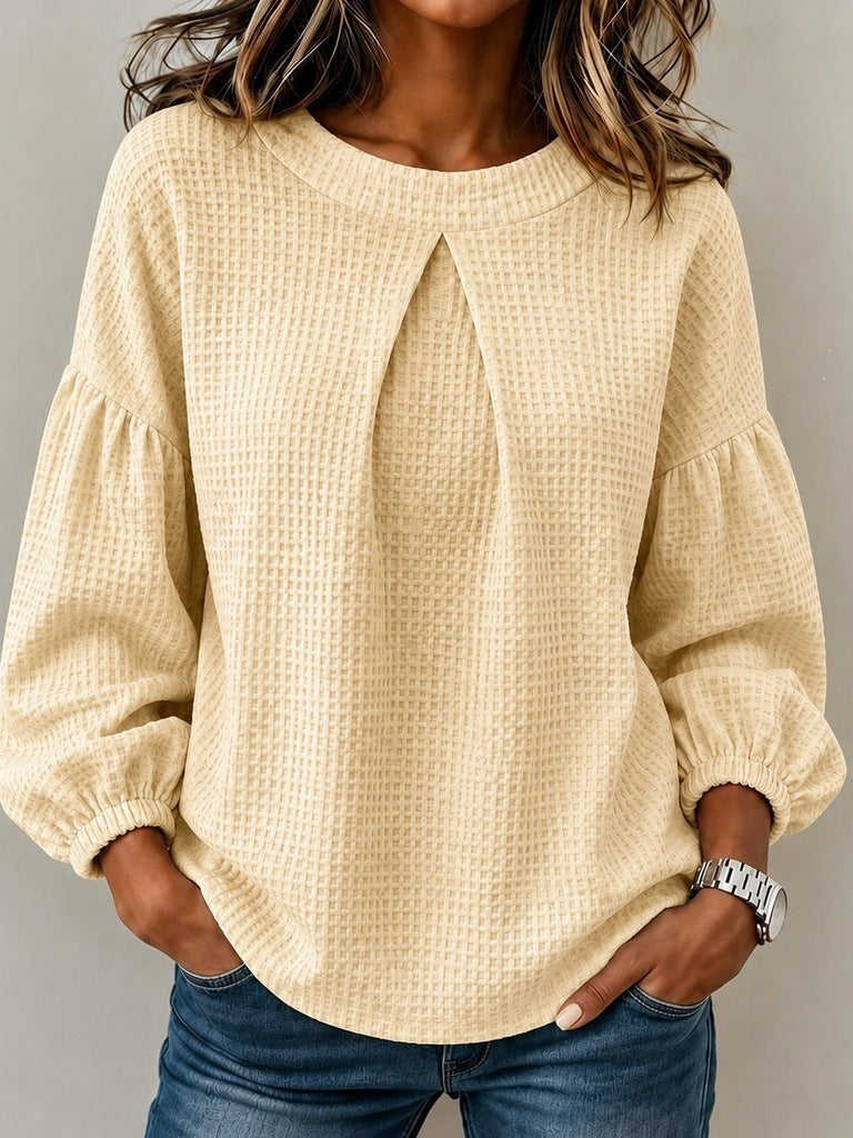 Women's Patchwork Puff Sleeve Waffle Round Neck Solid Color Tops