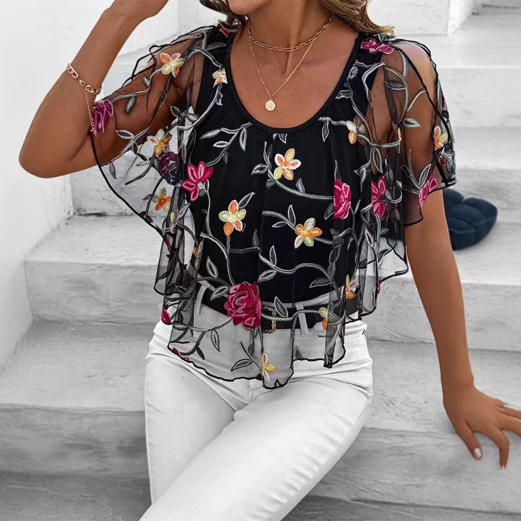 Summer Printed Stitching Casual Short-sleeved T-shirt Lace Shirt, Chiffon Shirt