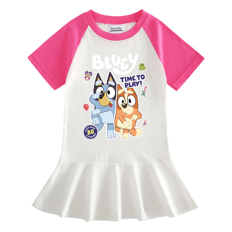 Children's Clothing Cartoon Half Sleeve Contrast Color Fashionable Pleated Children's Dress