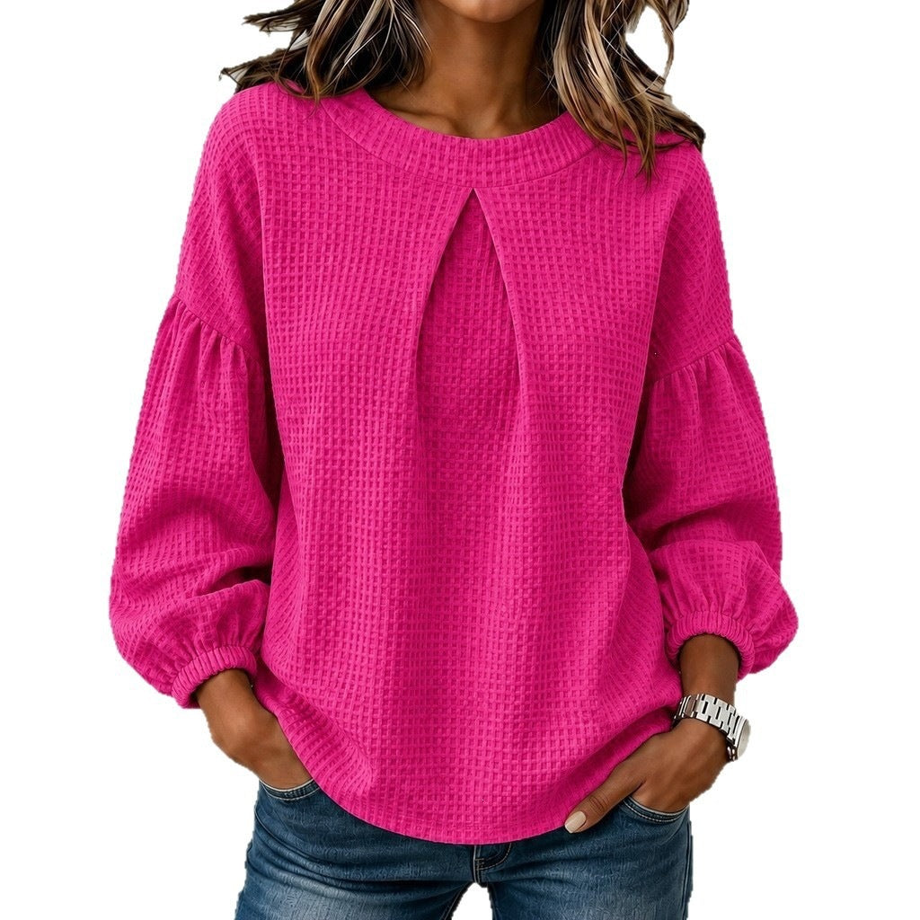 Women's Patchwork Puff Sleeve Waffle Round Neck Solid Color Tops