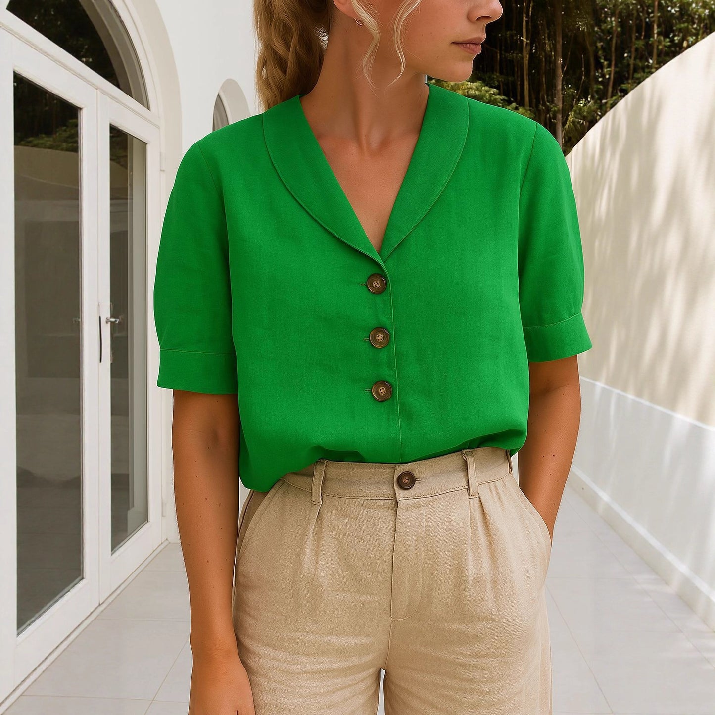 Women's Casual Long Sleeve Cotton Linen Solid Color Blouse