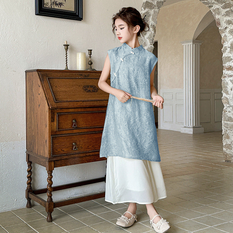 Children's Suits Summer National Sleeveless Cheongsam Dress Children's Suit