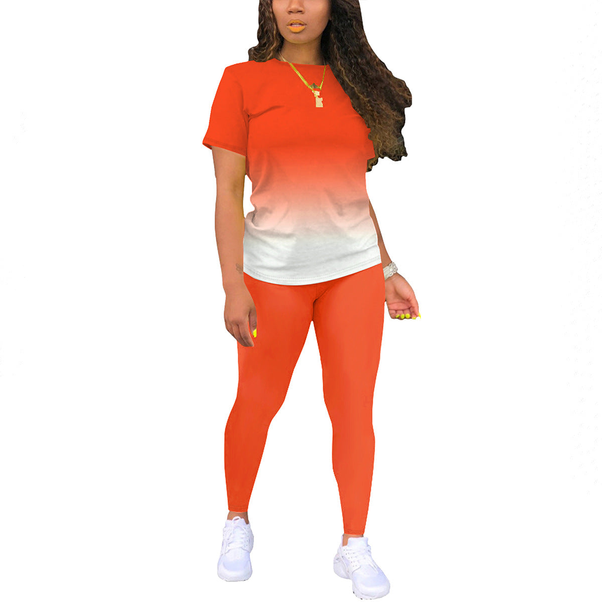 Women's Solid Color Gradient Printing Round Neck Sleeve T-shirt Fashion Casual Suit