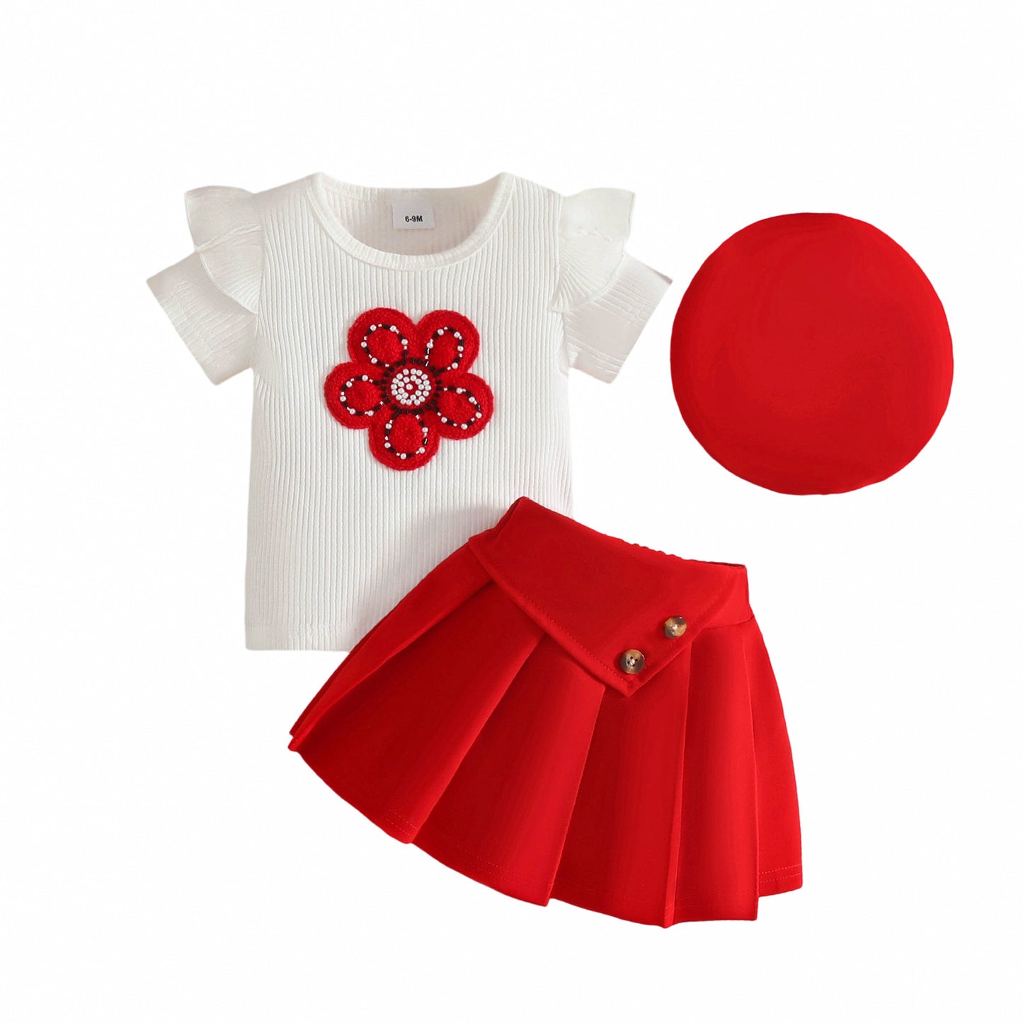Summer Fashion Short-sleeved Shirt Pleated Skirt Beret Flower Button Children's Suit