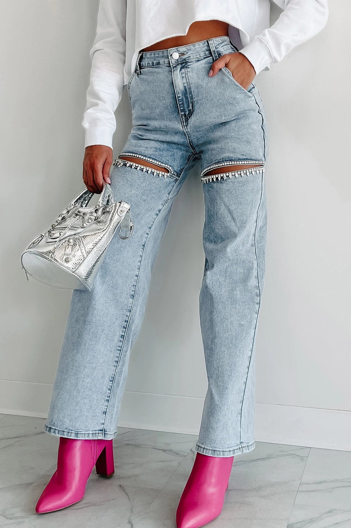 Women's Chain Ripped Straight Washed Fashion High Women's Jeans