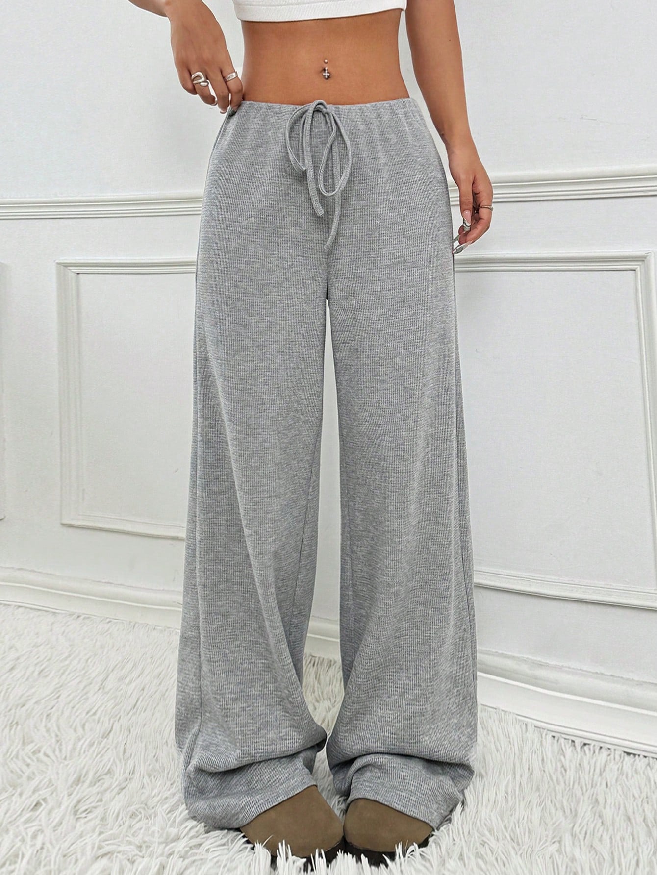 Women's Striped Solid Color Rubber Band Drawstring Casual Pants
