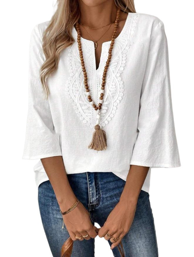 Women's Shirt Lace Trim Solid Color White Blue Blouse
