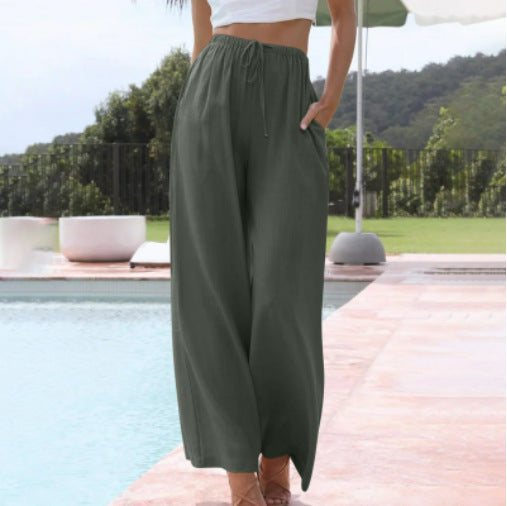Women's Cotton Linen Drawstring High Waist Wide Casual Pants