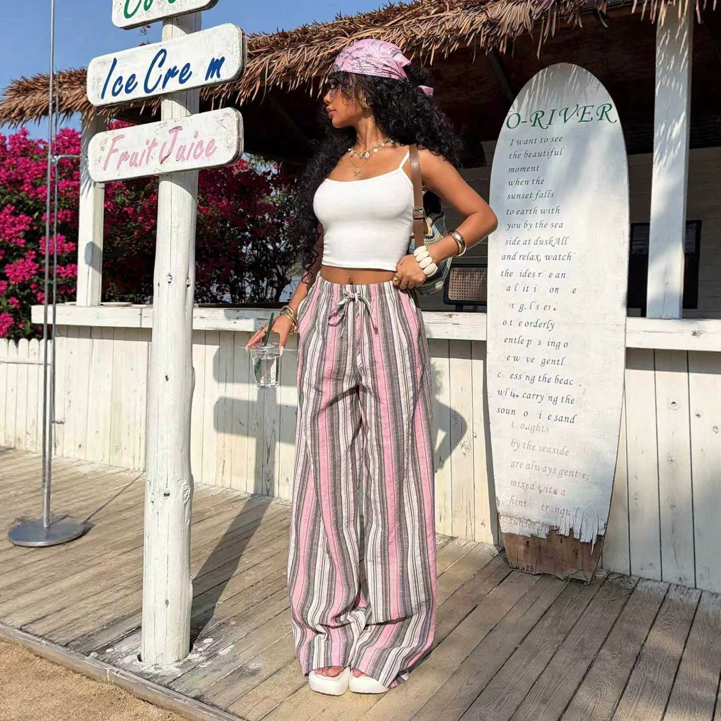 Striped Drawstring Elastic Waist Vacation Style Mop Wide Casual Pants
