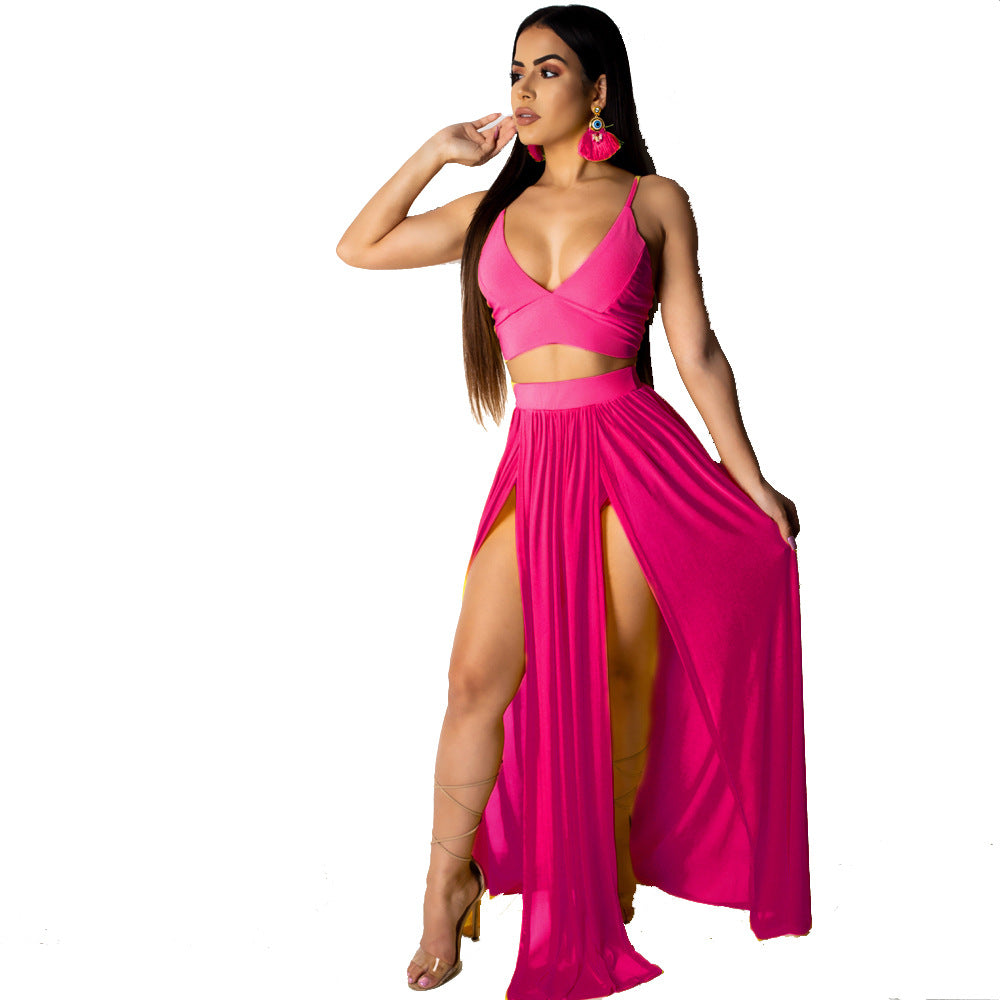 Summer Solid Color Suspender Split Chiffon Tops