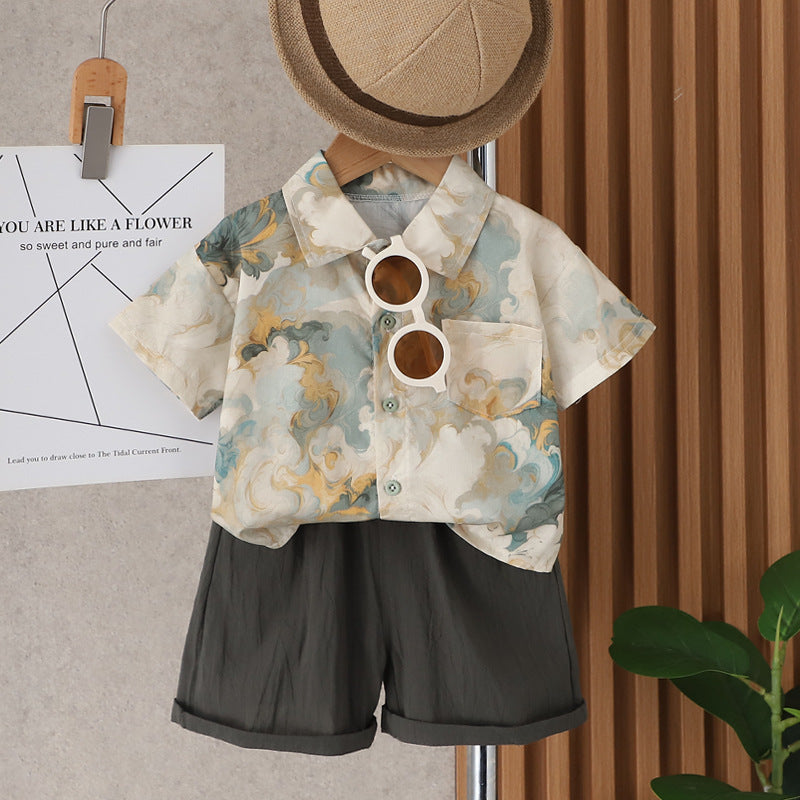 Children's Summer Clothing Shirt Outfit Handsome Clothes Short-sleeved Travel Out Children's Suit