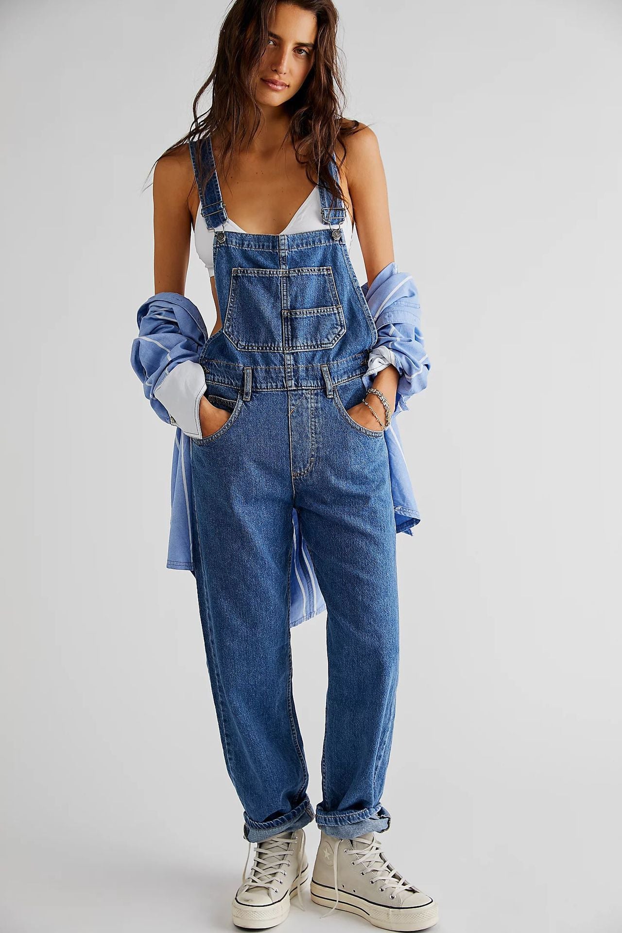 Women's Leisure Washed-out Loose Denim Brace Suspender Women's Jeans